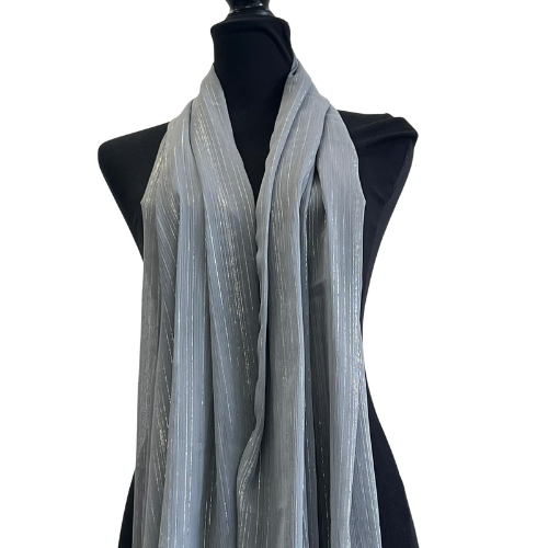 Light-Grey Crinkle Chiffon Silk Scarf with Silver Lines