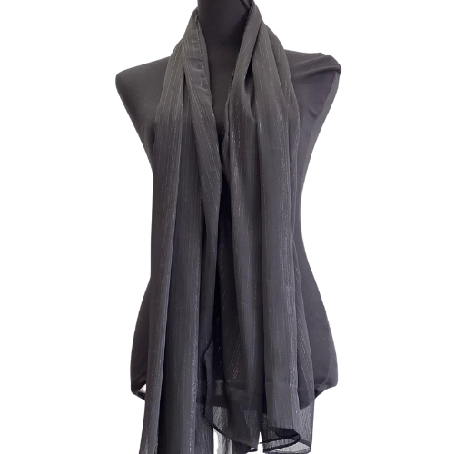 Dark-Grey Crinkle Chiffon Silk Scarf with Silver Lines