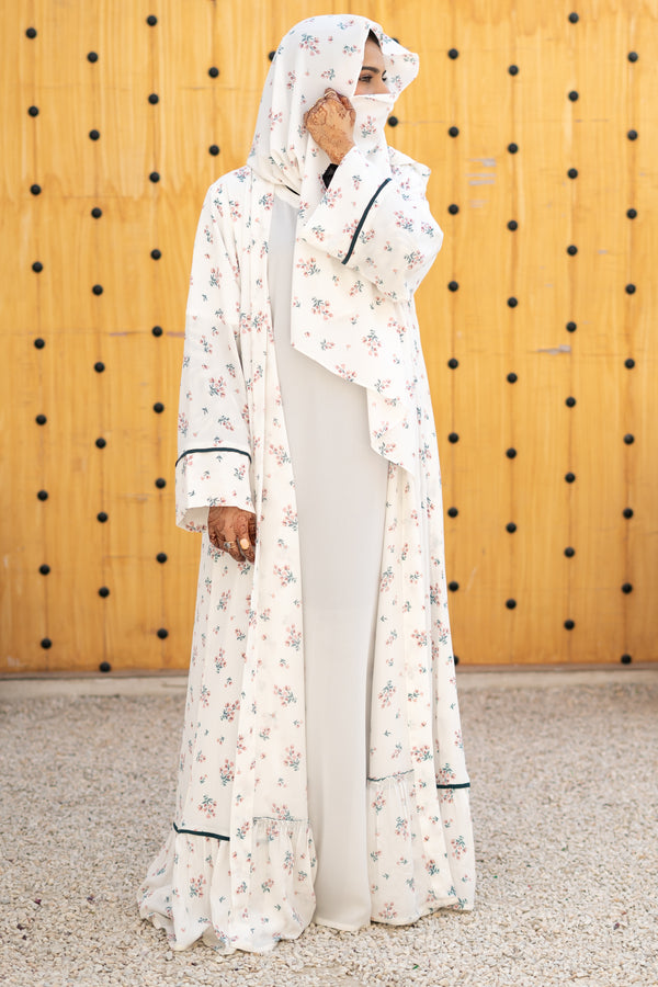 WHITE FRONT OPEN FLORAL ABAYA